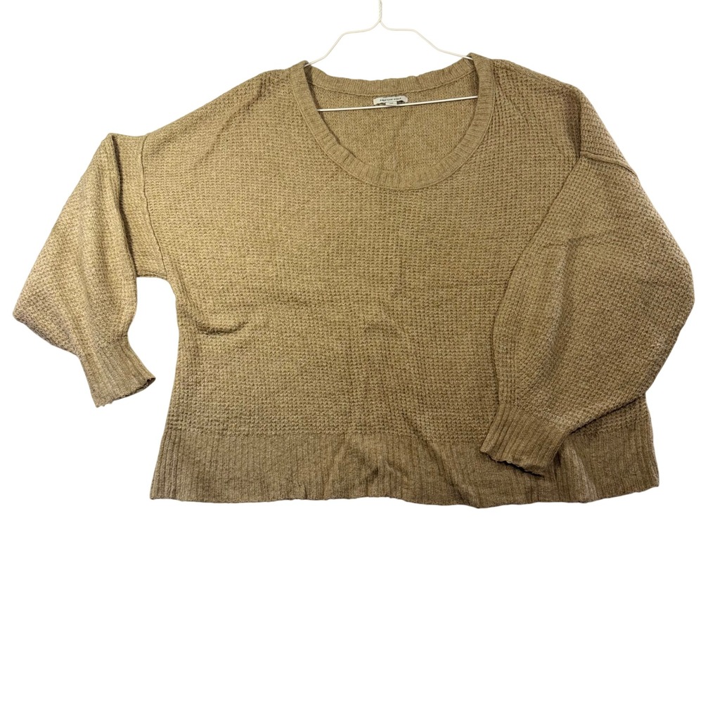 American Eagle Oversized Waffle Knit Sweater Tan Balloon Sleeve Scoop Neck L